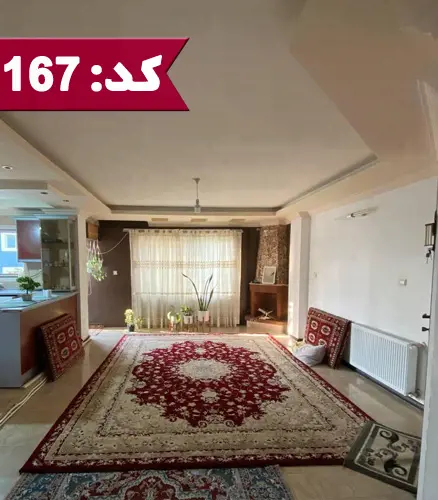 فرش و پشتی های زرشکی رنگ و پرده سفید و گلدان های سرسبز سالن نشیمن آپارتمان در فریدون کنار 56312351